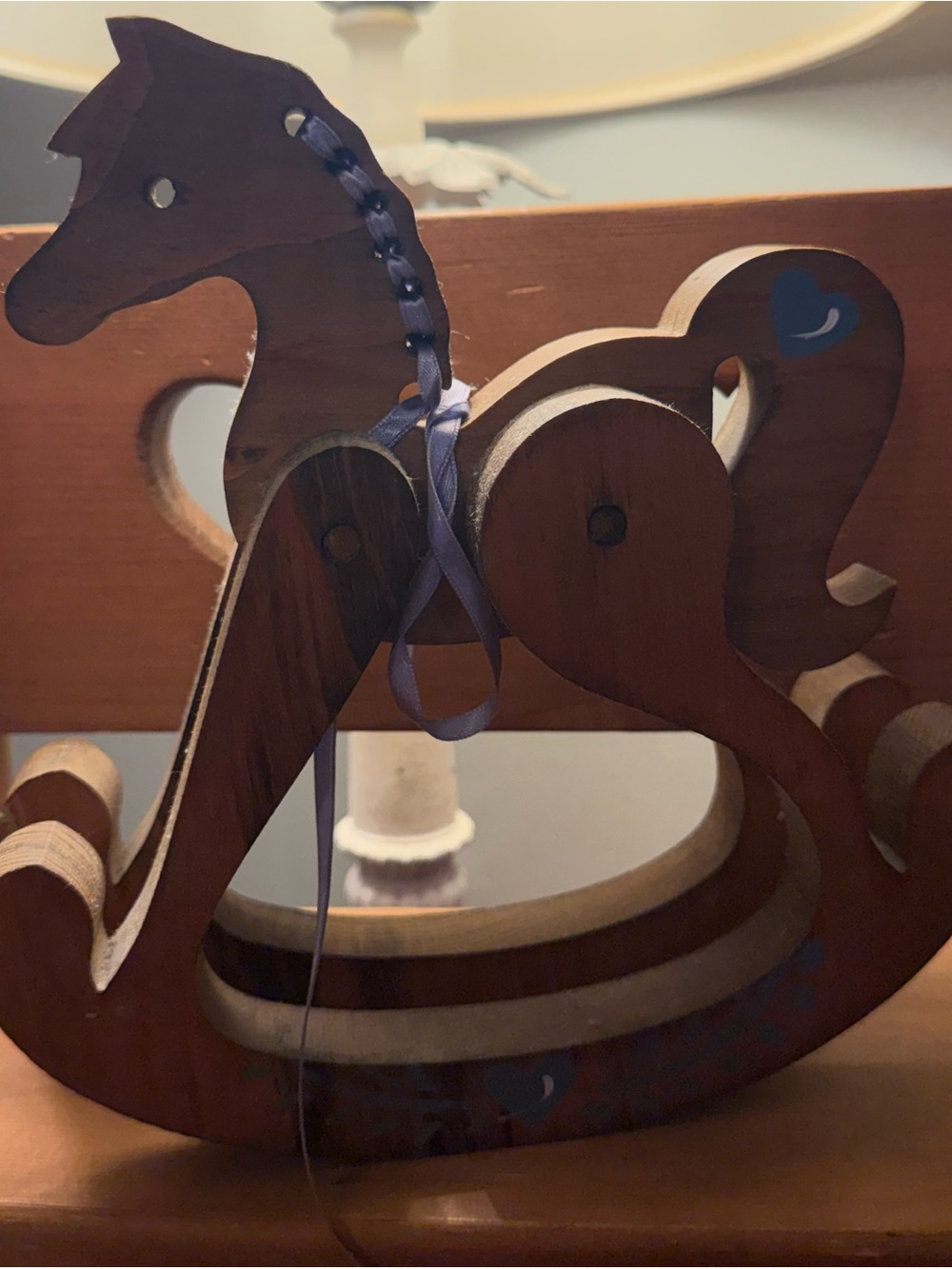 Wooden Rocking Horse Figurine with Ribbon